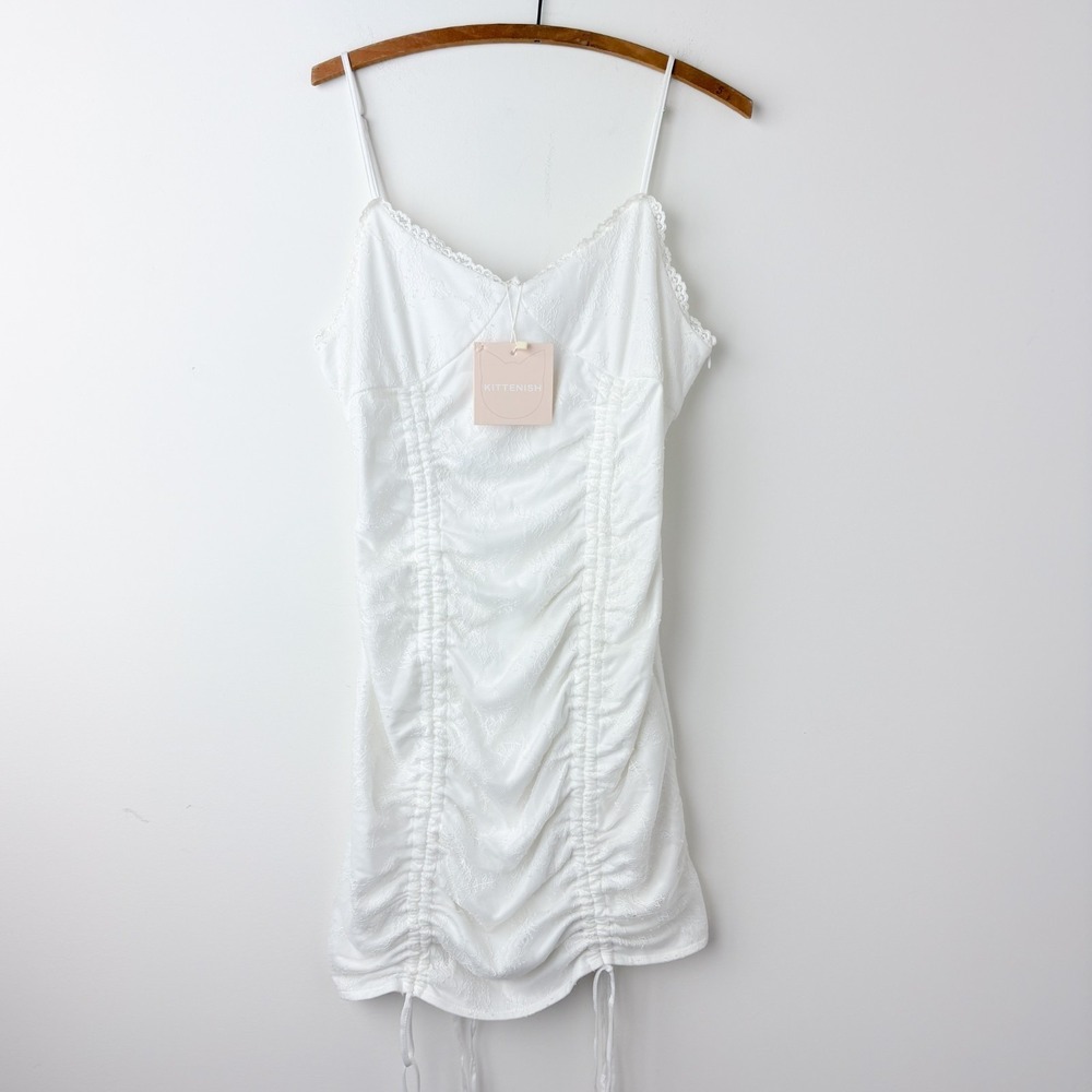 Kittenish Alexa Y2K Lace Mesh Bodycon Dress Large White Coquette Ruched Dollette